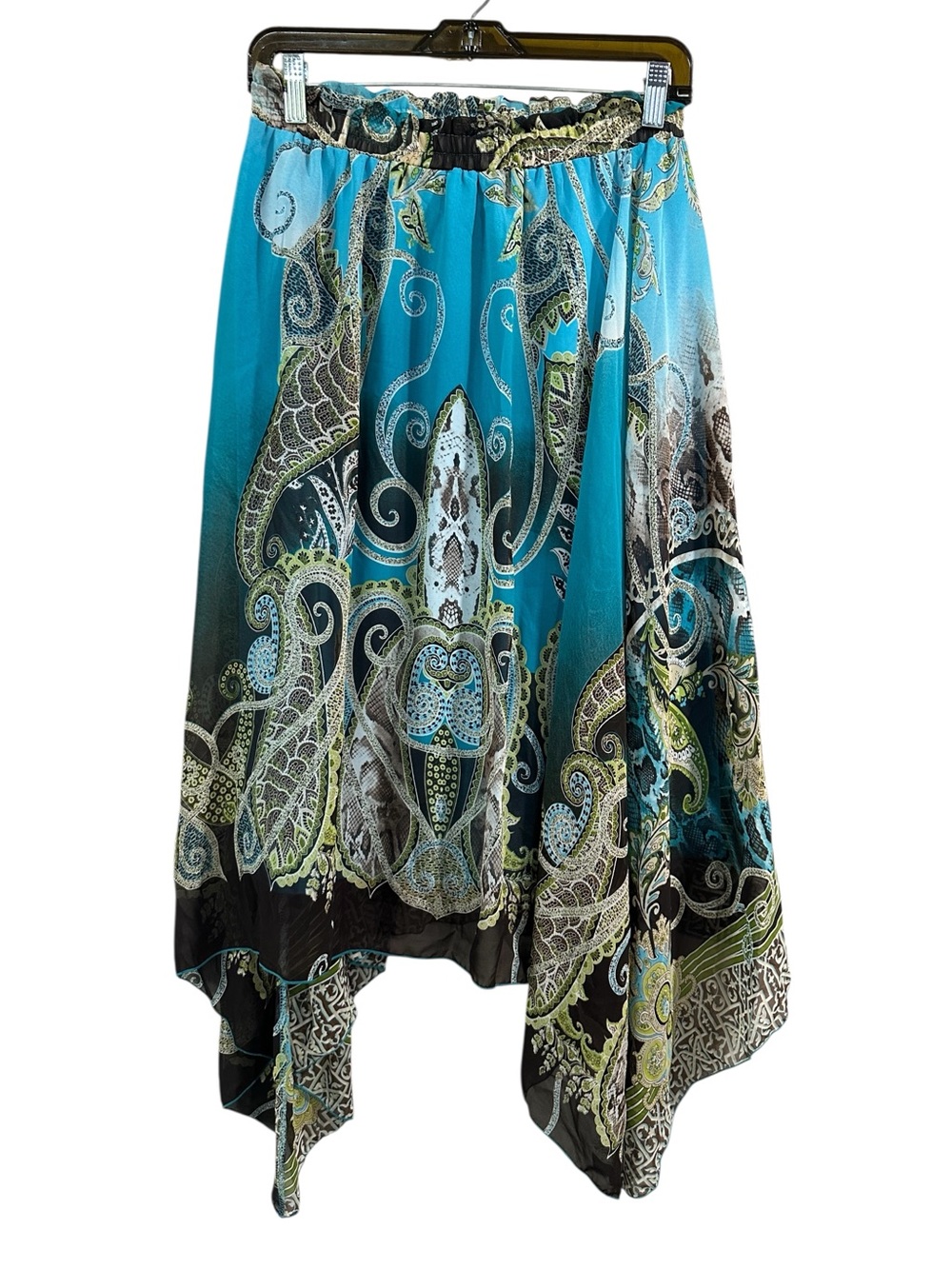 JM Studio Turquoise Black Paisley Handkerchief Hem Midi Skirt